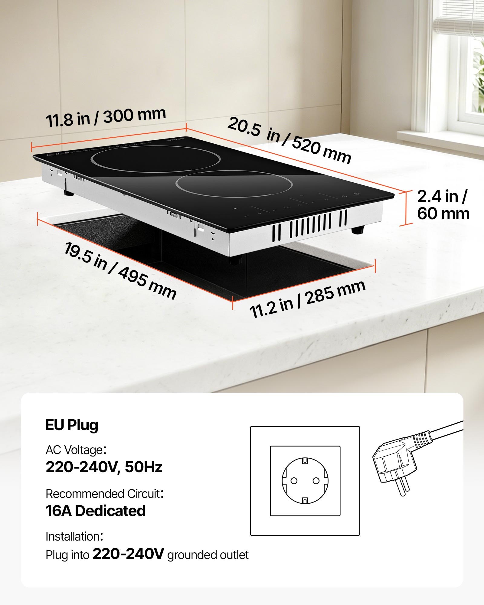 VEVOR Electric Cooktop 30cm 2 Burners Portable Stove Top 3000W 220V, Ceramic Countertop/Built-in Radiant Electric Stove, with 9 Power Levels, Timer, Child Lock, Over-Heat Guard, Touch Control