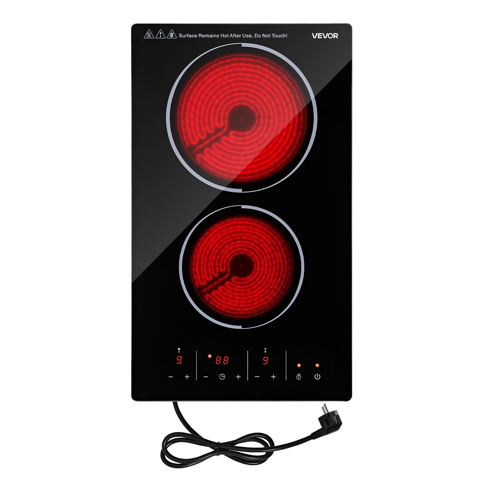 VEVOR Electric Cooktop 30cm 2 Burners Portable Stove Top 3000W 220V, Ceramic Countertop/Built-in Radiant Electric Stove, with 9 Power Levels, Timer, Child Lock, Over-Heat Guard, Touch Control