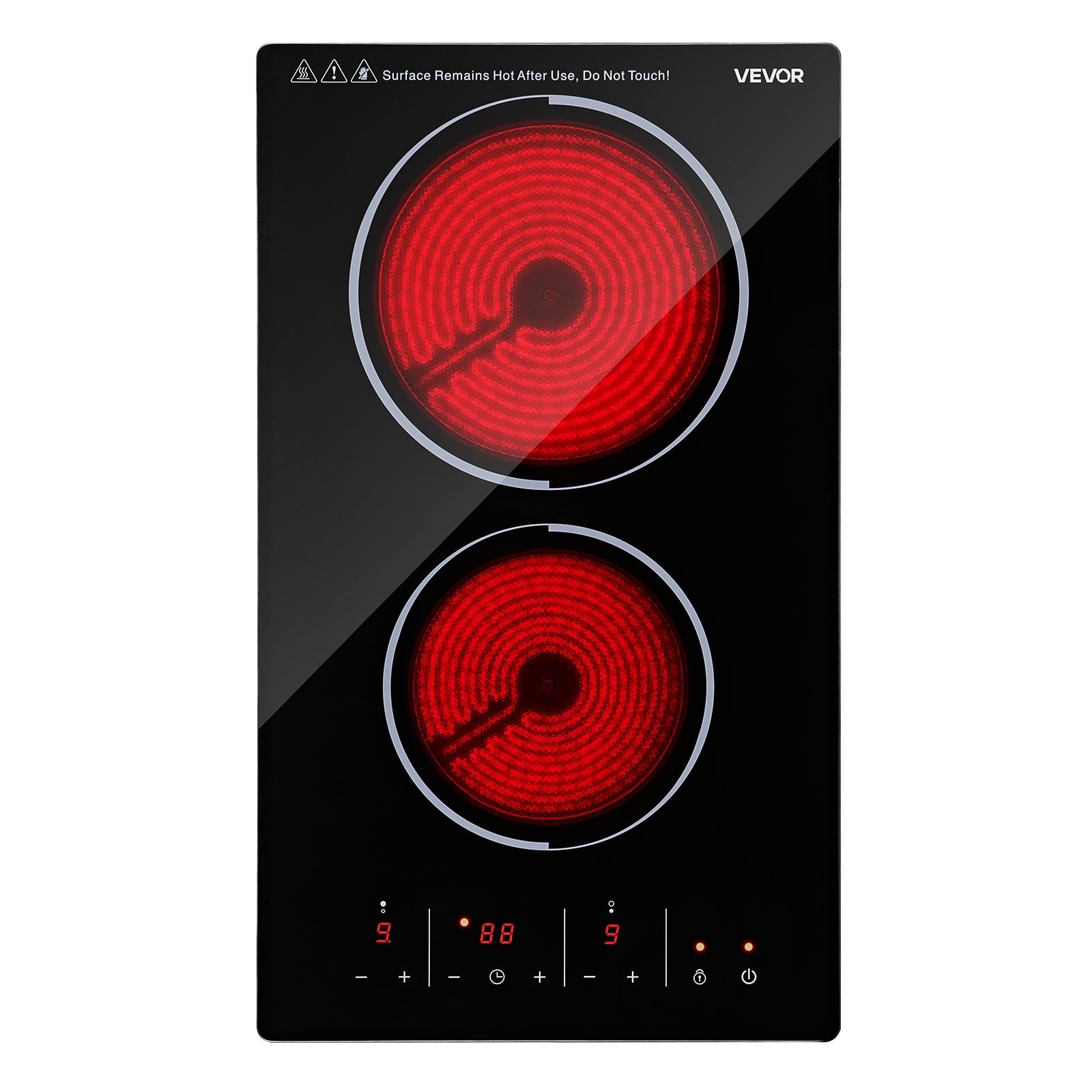 VEVOR Electric Cooktop 30cm 2 Burners Portable Stove Top 3000W 220V, Ceramic Countertop/Built-in Radiant Electric Stove, with 9 Power Levels, Timer, Child Lock, Over-Heat Guard, Touch Control