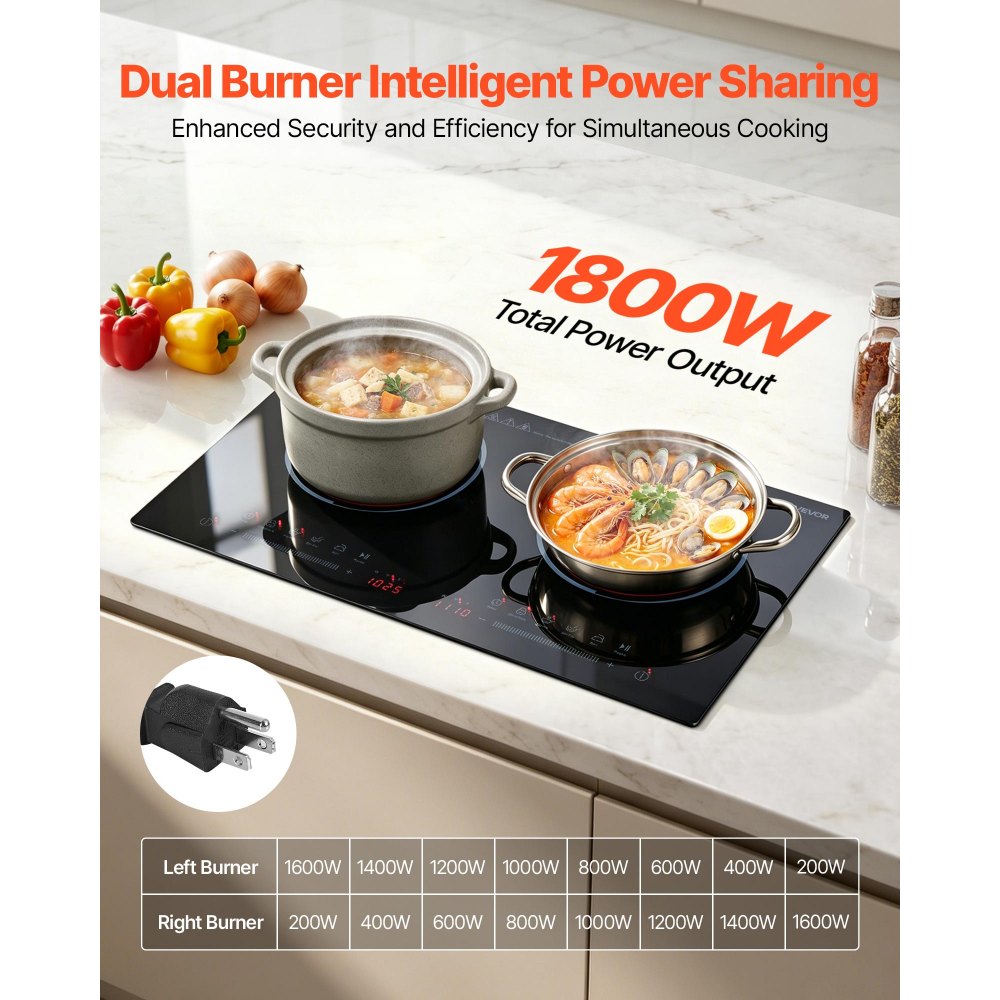 VEVOR Electric Cooktop 24inch 2 Burners Portable Stove Top 1800W 120V, Ceramic Countertop/Built-in Radiant Electric Stove , with 9 Power Levels, Timer, Child Lock, Over-Heat Guard, Touch Control
