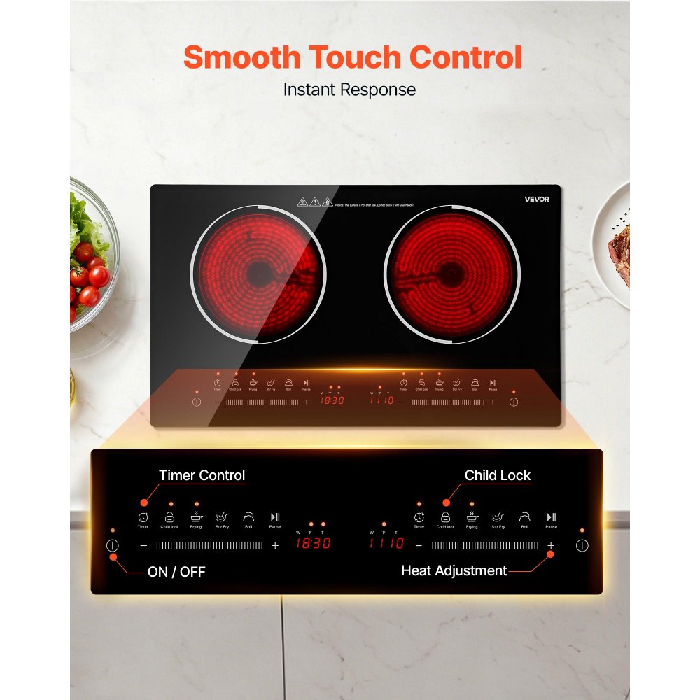 VEVOR Electric Cooktop 24inch 2 Burners Portable Stove Top 1800W 120V, Ceramic Countertop/Built-in Radiant Electric Stove , with 9 Power Levels, Timer, Child Lock, Over-Heat Guard, Touch Control
