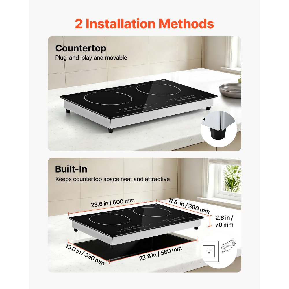 VEVOR Electric Cooktop 24inch 2 Burners Portable Stove Top 1800W 120V, Ceramic Countertop/Built-in Radiant Electric Stove , with 9 Power Levels, Timer, Child Lock, Over-Heat Guard, Touch Control