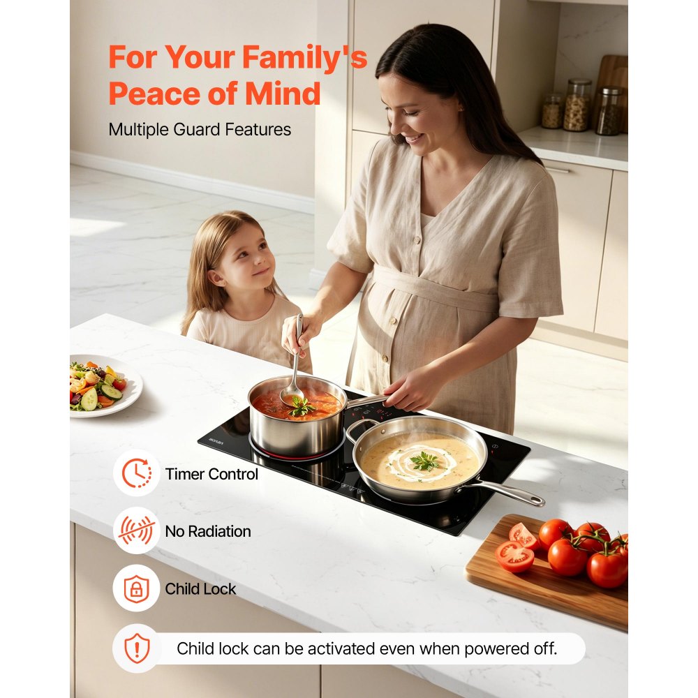 VEVOR Electric Cooktop 24inch 2 Burners Portable Stove Top 1800W 120V, Ceramic Countertop/Built-in Radiant Electric Stove , with 9 Power Levels, Timer, Child Lock, Over-Heat Guard, Touch Control