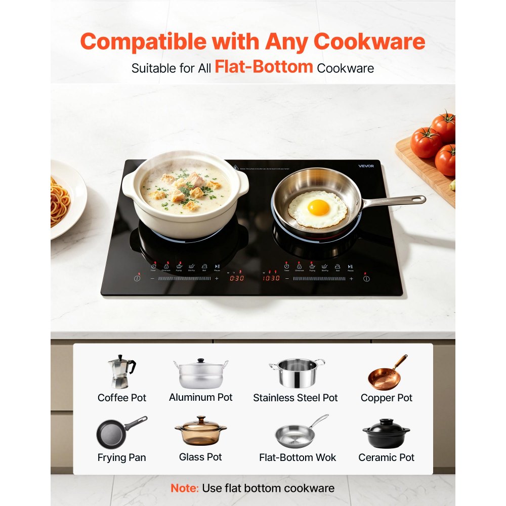VEVOR Electric Cooktop 24inch 2 Burners Portable Stove Top 1800W 120V, Ceramic Countertop/Built-in Radiant Electric Stove , with 9 Power Levels, Timer, Child Lock, Over-Heat Guard, Touch Control