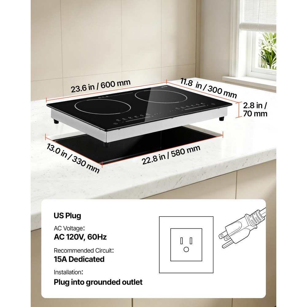 VEVOR Electric Cooktop 24inch 2 Burners Portable Stove Top 1800W 120V, Ceramic Countertop/Built-in Radiant Electric Stove , with 9 Power Levels, Timer, Child Lock, Over-Heat Guard, Touch Control