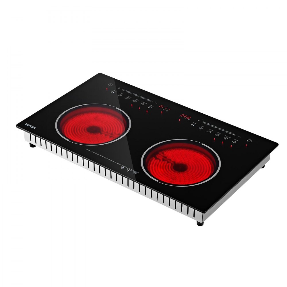 VEVOR Electric Cooktop 24inch 2 Burners Portable Stove Top 1800W 120V, Ceramic Countertop/Built-in Radiant Electric Stove , with 9 Power Levels, Timer, Child Lock, Over-Heat Guard, Touch Control