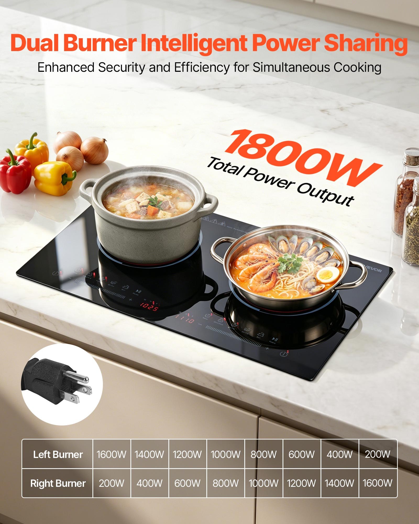 VEVOR Electric Cooktop 24inch 2 Burners Portable Stove Top 1800W 120V, Ceramic Countertop/Built-in Radiant Electric Stove , with 9 Power Levels, Timer, Child Lock, Over-Heat Guard, Touch Control