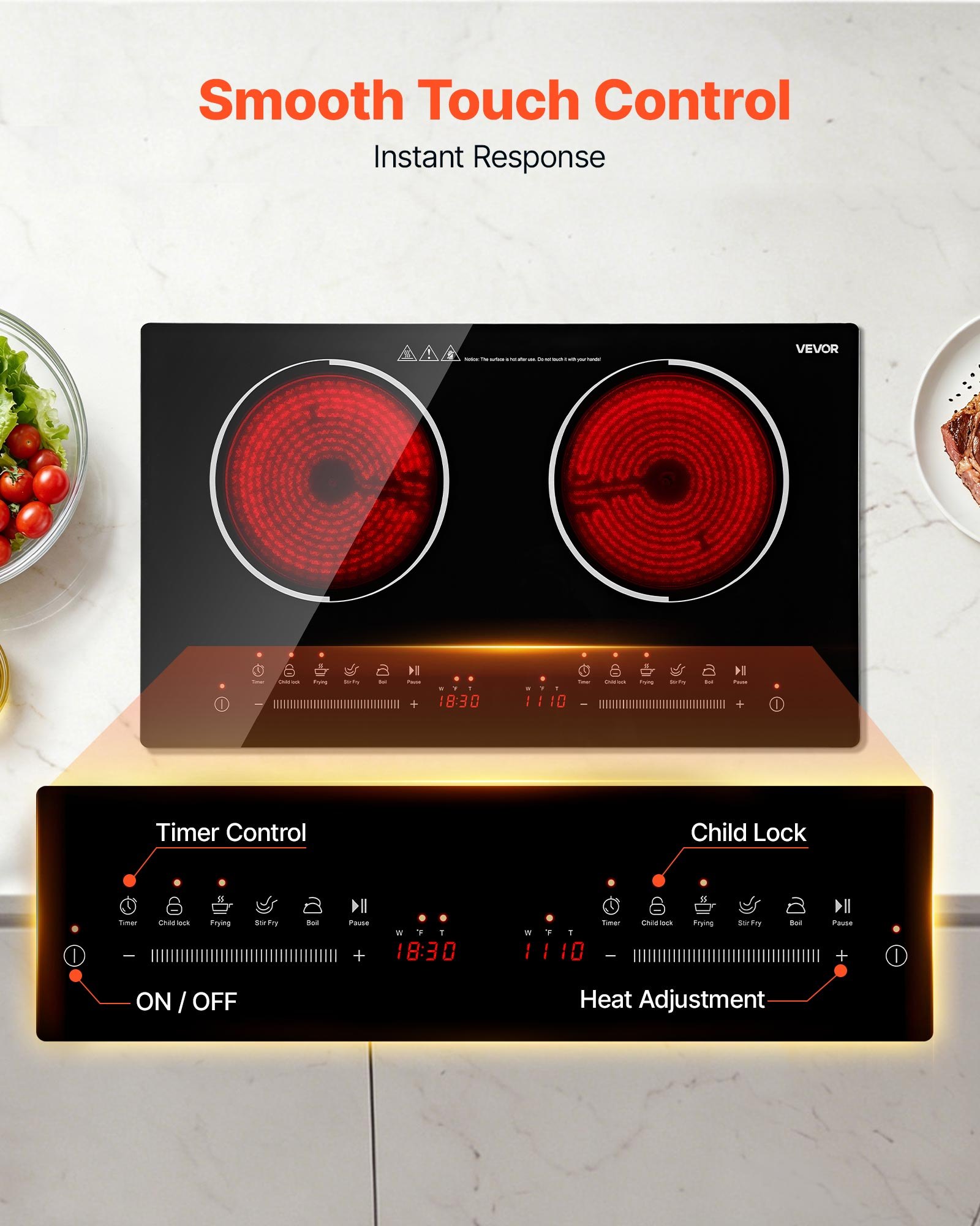 VEVOR Electric Cooktop 24inch 2 Burners Portable Stove Top 1800W 120V, Ceramic Countertop/Built-in Radiant Electric Stove , with 9 Power Levels, Timer, Child Lock, Over-Heat Guard, Touch Control