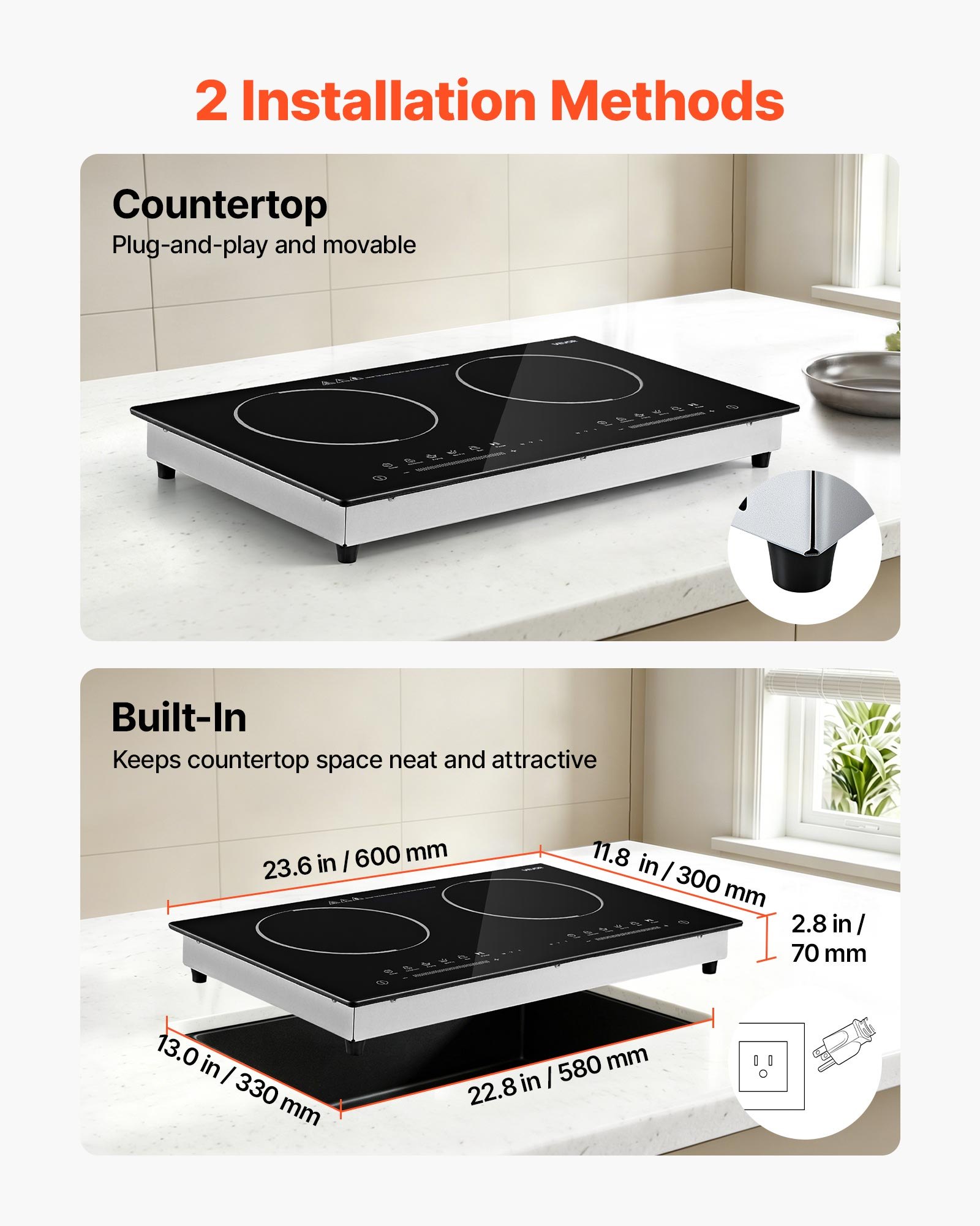 VEVOR Electric Cooktop 24inch 2 Burners Portable Stove Top 1800W 120V, Ceramic Countertop/Built-in Radiant Electric Stove , with 9 Power Levels, Timer, Child Lock, Over-Heat Guard, Touch Control