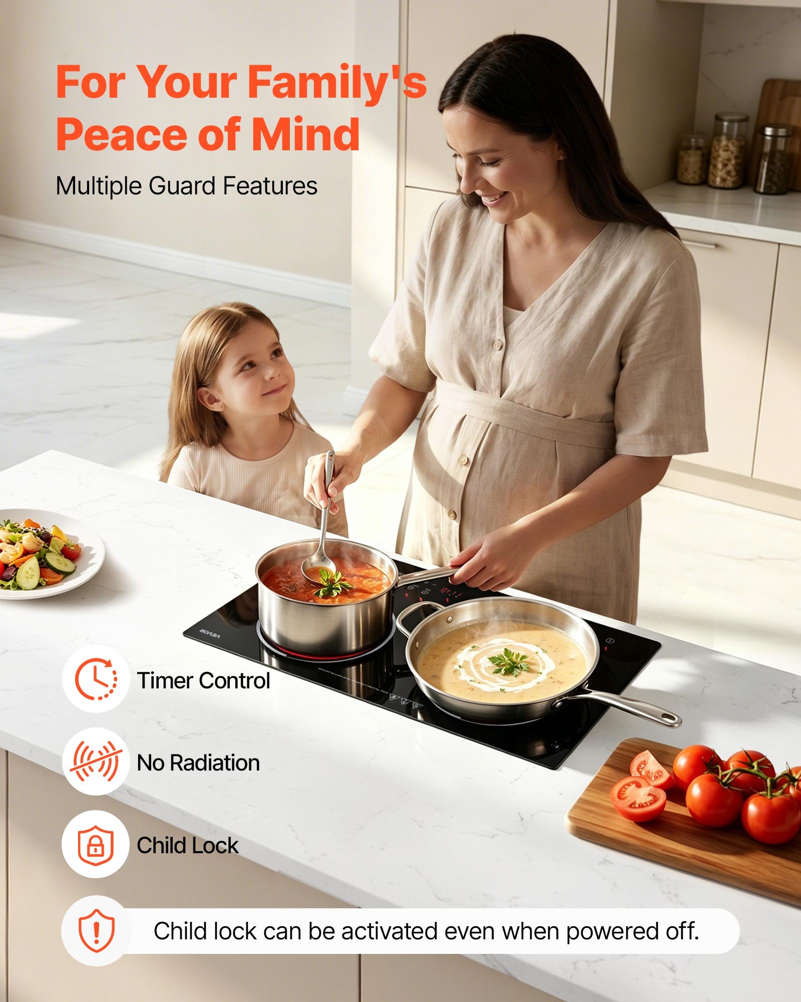 VEVOR Electric Cooktop 24inch 2 Burners Portable Stove Top 1800W 120V, Ceramic Countertop/Built-in Radiant Electric Stove , with 9 Power Levels, Timer, Child Lock, Over-Heat Guard, Touch Control