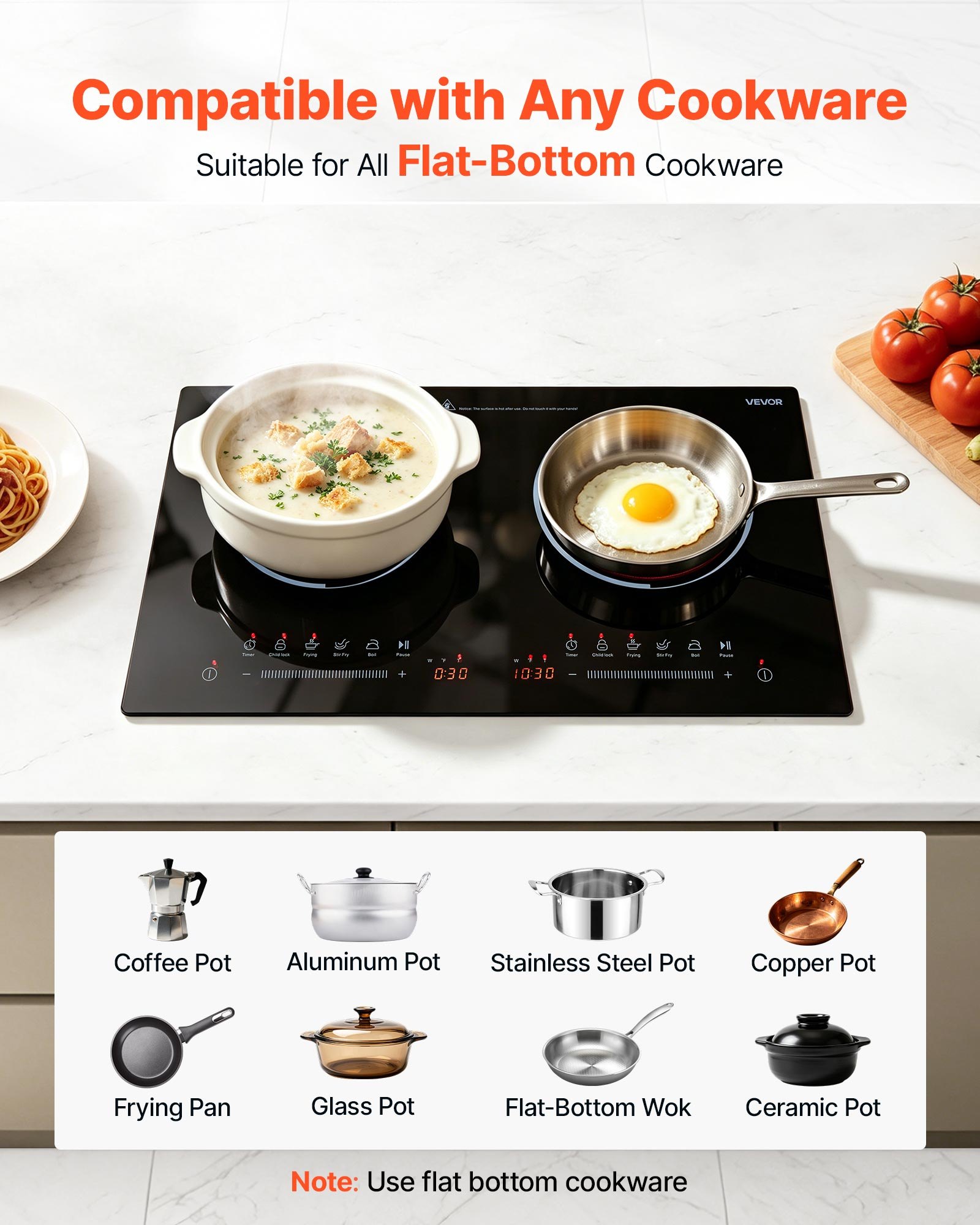 VEVOR Electric Cooktop 24inch 2 Burners Portable Stove Top 1800W 120V, Ceramic Countertop/Built-in Radiant Electric Stove , with 9 Power Levels, Timer, Child Lock, Over-Heat Guard, Touch Control