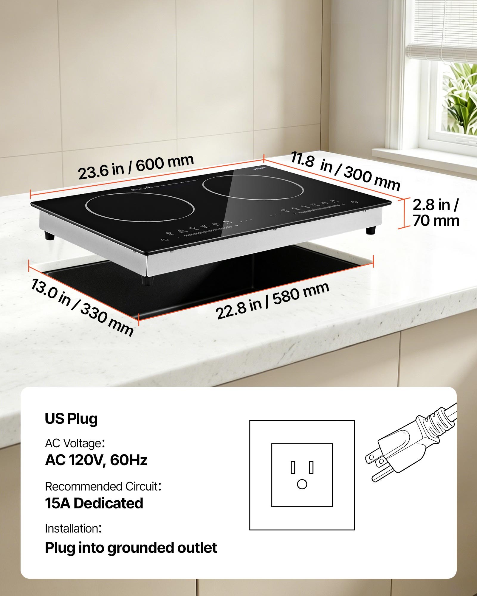 VEVOR Electric Cooktop 24inch 2 Burners Portable Stove Top 1800W 120V, Ceramic Countertop/Built-in Radiant Electric Stove , with 9 Power Levels, Timer, Child Lock, Over-Heat Guard, Touch Control
