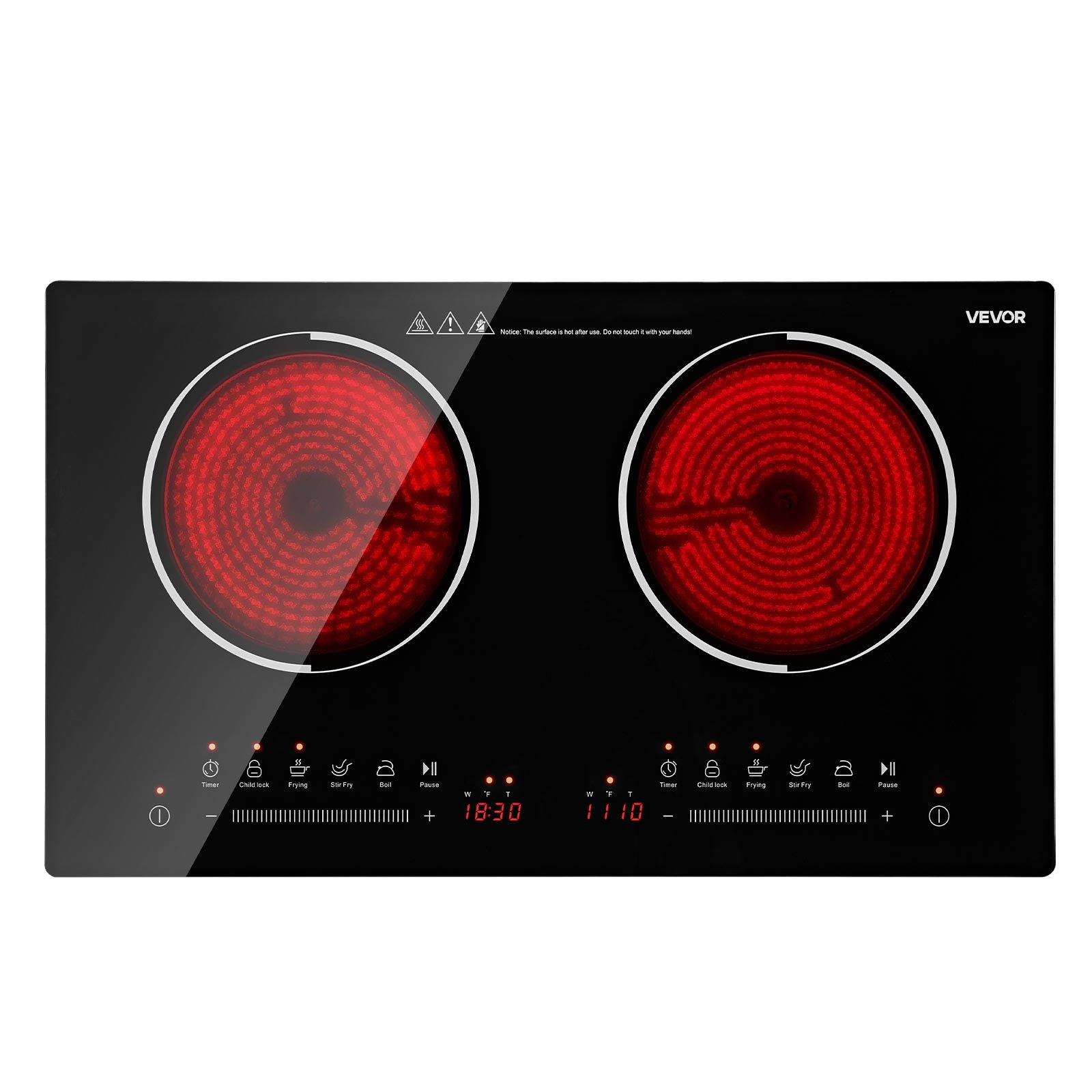 VEVOR Electric Cooktop 24inch 2 Burners Portable Stove Top 1800W 120V, Ceramic Countertop/Built-in Radiant Electric Stove , with 9 Power Levels, Timer, Child Lock, Over-Heat Guard, Touch Control