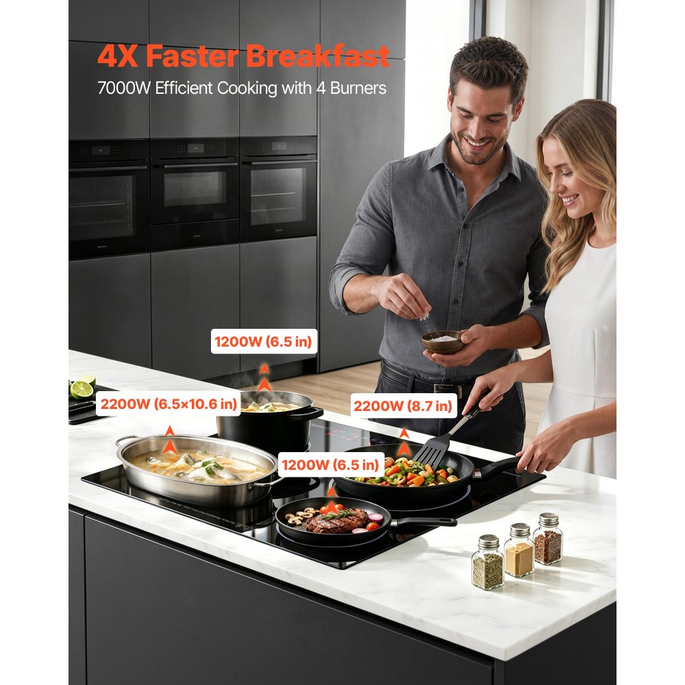 VEVOR Electric Cooktop 60cm 4 Burners Stove Top 6600W 220V No Plug, Ceramic Countertop/Built-in Radiant Electric Stove , with 9 Power Levels, Timer, Child Lock, Over-Heat Guard, Touch Control