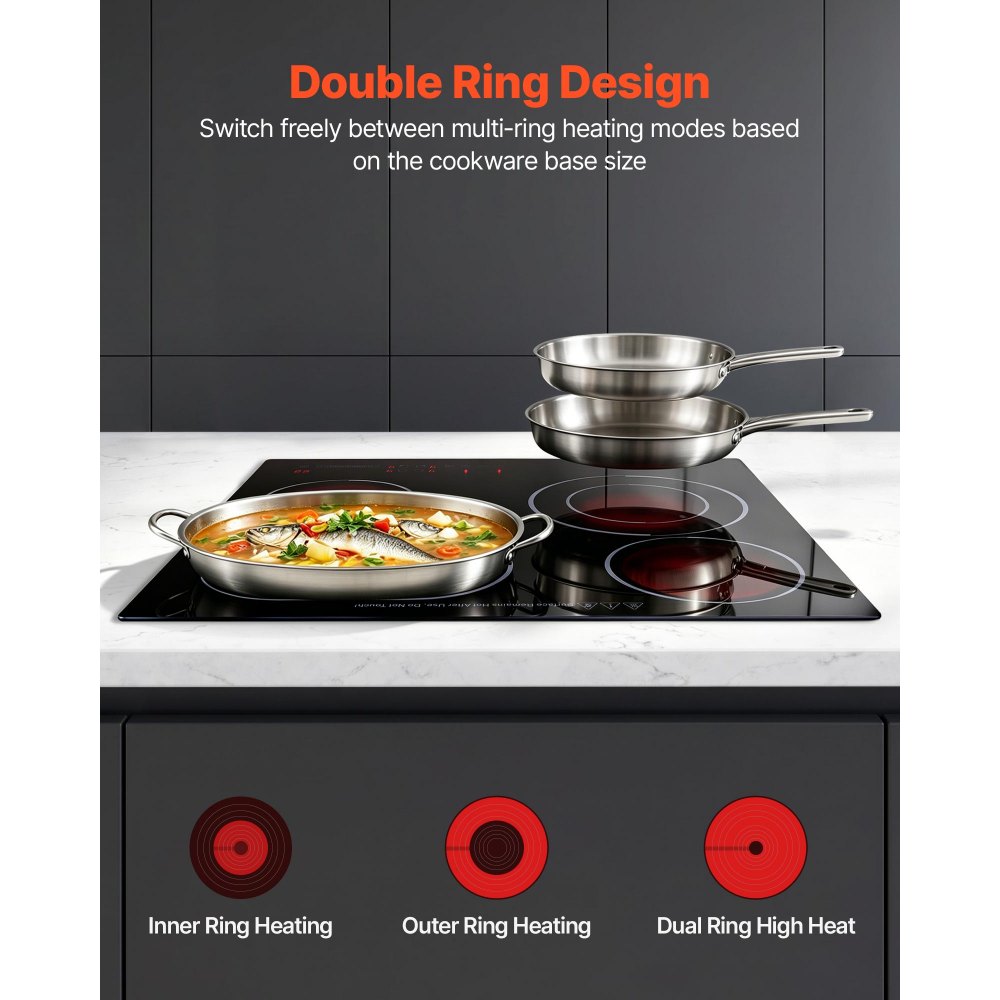 VEVOR Electric Cooktop 60cm 4 Burners Stove Top 6600W 220V No Plug, Ceramic Countertop/Built-in Radiant Electric Stove , with 9 Power Levels, Timer, Child Lock, Over-Heat Guard, Touch Control
