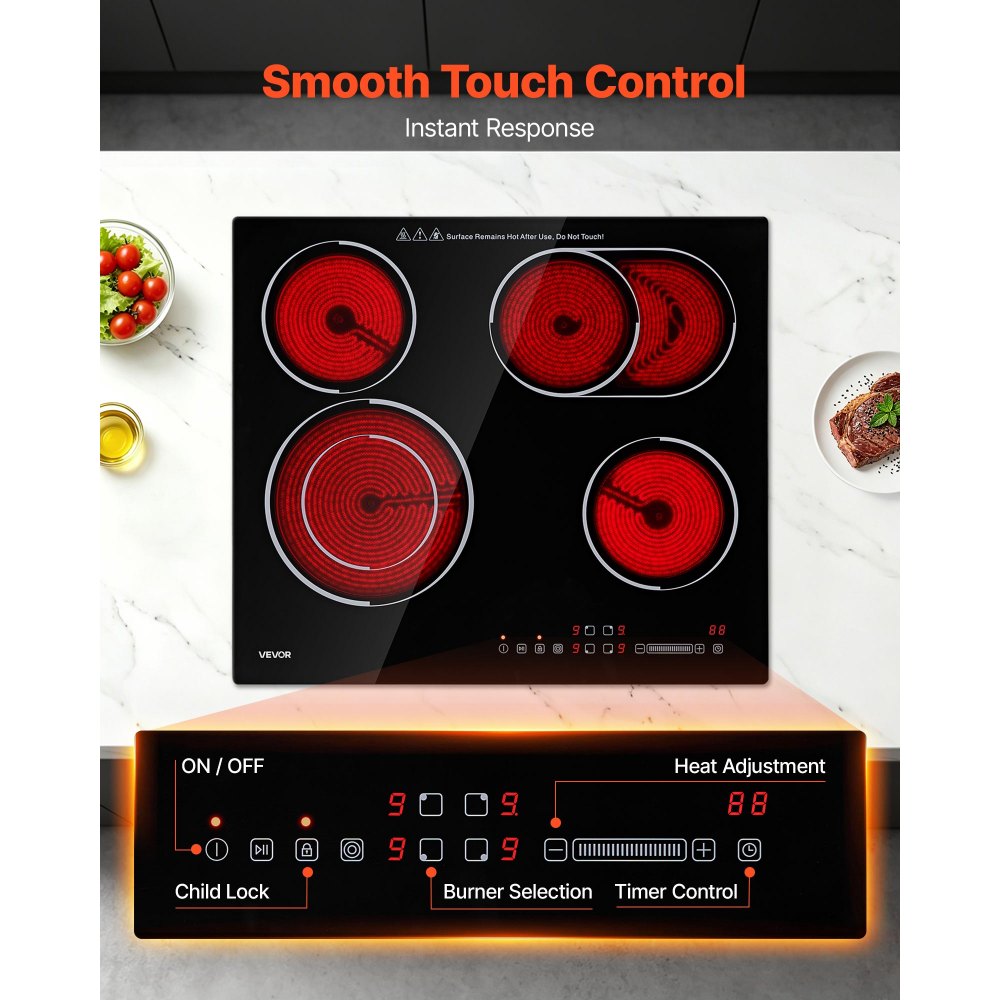 VEVOR Electric Cooktop 60cm 4 Burners Stove Top 6600W 220V No Plug, Ceramic Countertop/Built-in Radiant Electric Stove , with 9 Power Levels, Timer, Child Lock, Over-Heat Guard, Touch Control