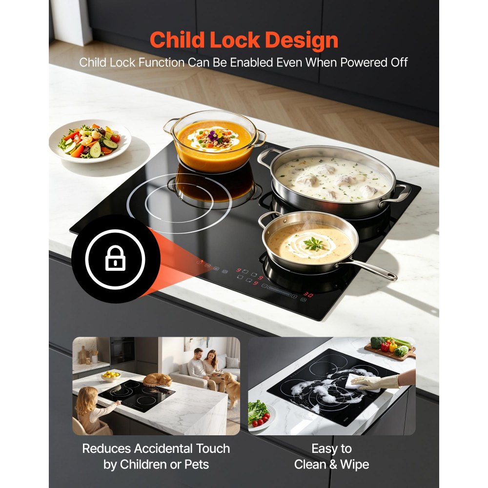 VEVOR Electric Cooktop 60cm 4 Burners Stove Top 6600W 220V No Plug, Ceramic Countertop/Built-in Radiant Electric Stove , with 9 Power Levels, Timer, Child Lock, Over-Heat Guard, Touch Control