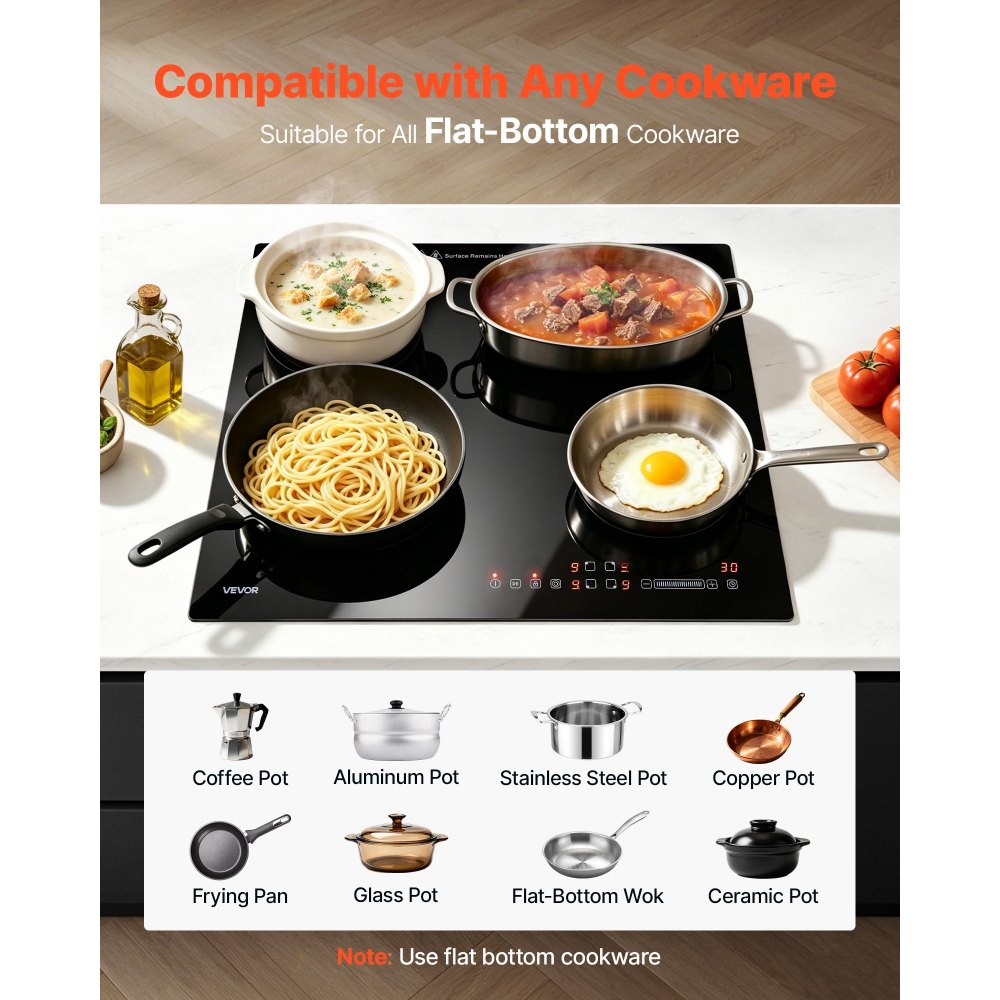 VEVOR Electric Cooktop 60cm 4 Burners Stove Top 6600W 220V No Plug, Ceramic Countertop/Built-in Radiant Electric Stove , with 9 Power Levels, Timer, Child Lock, Over-Heat Guard, Touch Control