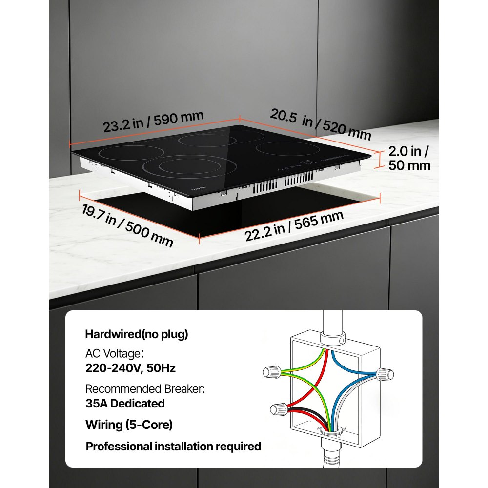 VEVOR Electric Cooktop 60cm 4 Burners Stove Top 6600W 220V No Plug, Ceramic Countertop/Built-in Radiant Electric Stove , with 9 Power Levels, Timer, Child Lock, Over-Heat Guard, Touch Control