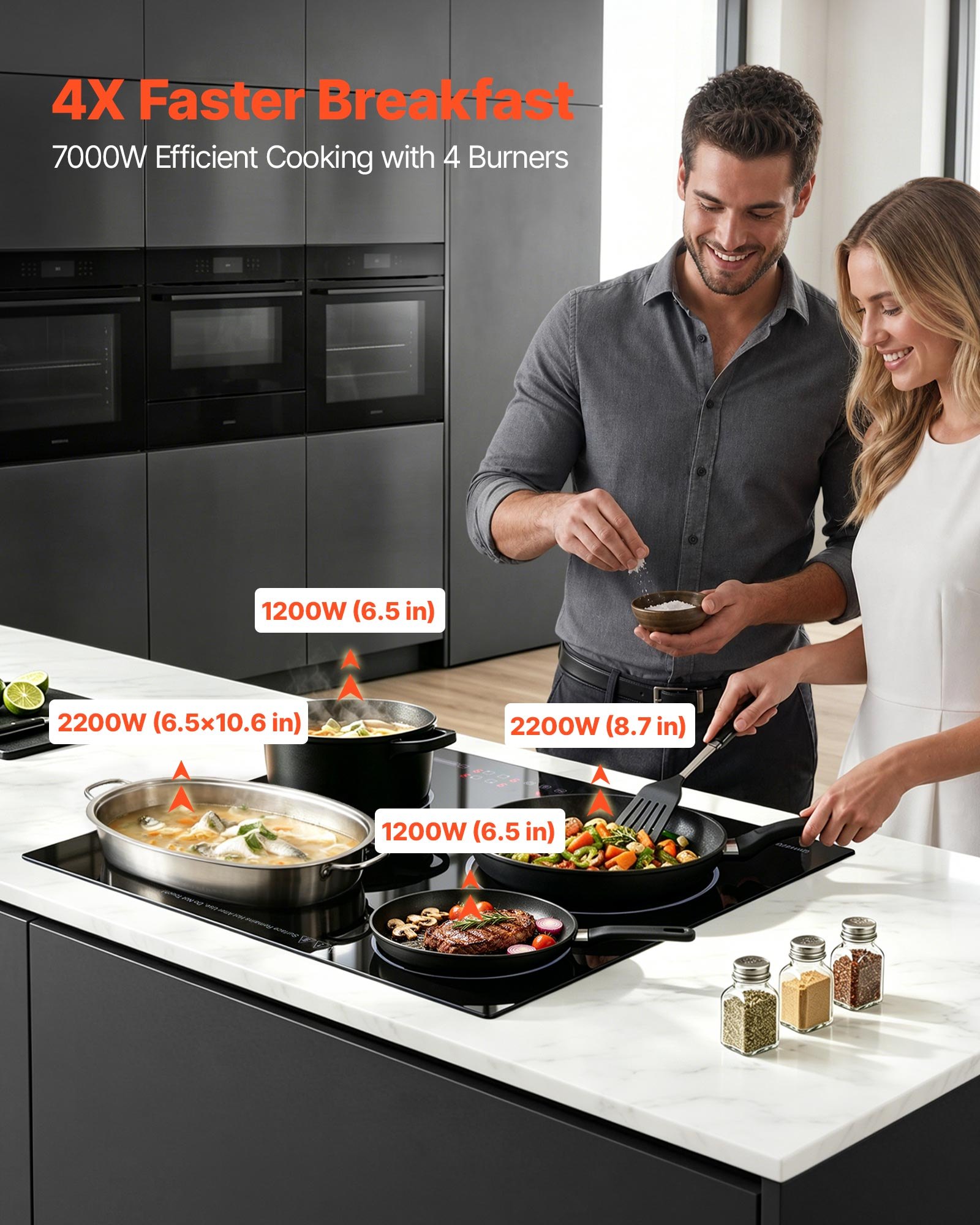 VEVOR Electric Cooktop 60cm 4 Burners Stove Top 6600W 220V No Plug, Ceramic Countertop/Built-in Radiant Electric Stove , with 9 Power Levels, Timer, Child Lock, Over-Heat Guard, Touch Control