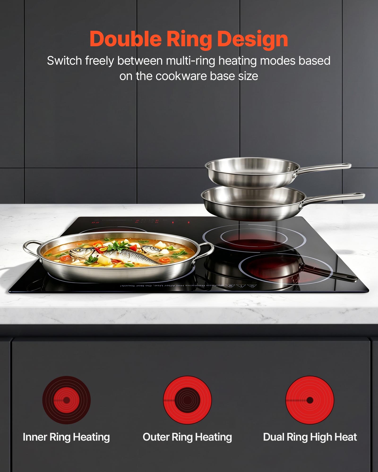 VEVOR Electric Cooktop 60cm 4 Burners Stove Top 6600W 220V No Plug, Ceramic Countertop/Built-in Radiant Electric Stove , with 9 Power Levels, Timer, Child Lock, Over-Heat Guard, Touch Control