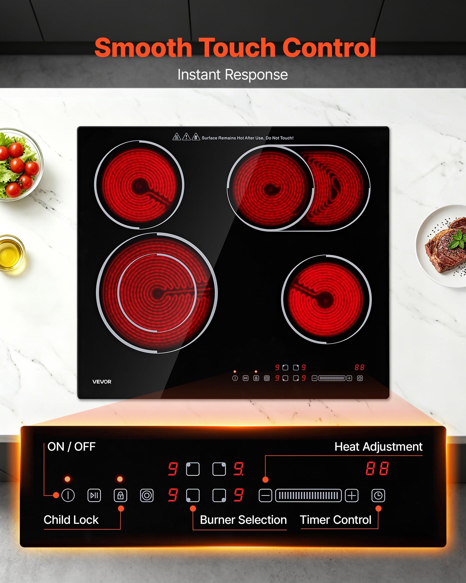 VEVOR Electric Cooktop 60cm 4 Burners Stove Top 6600W 220V No Plug, Ceramic Countertop/Built-in Radiant Electric Stove , with 9 Power Levels, Timer, Child Lock, Over-Heat Guard, Touch Control