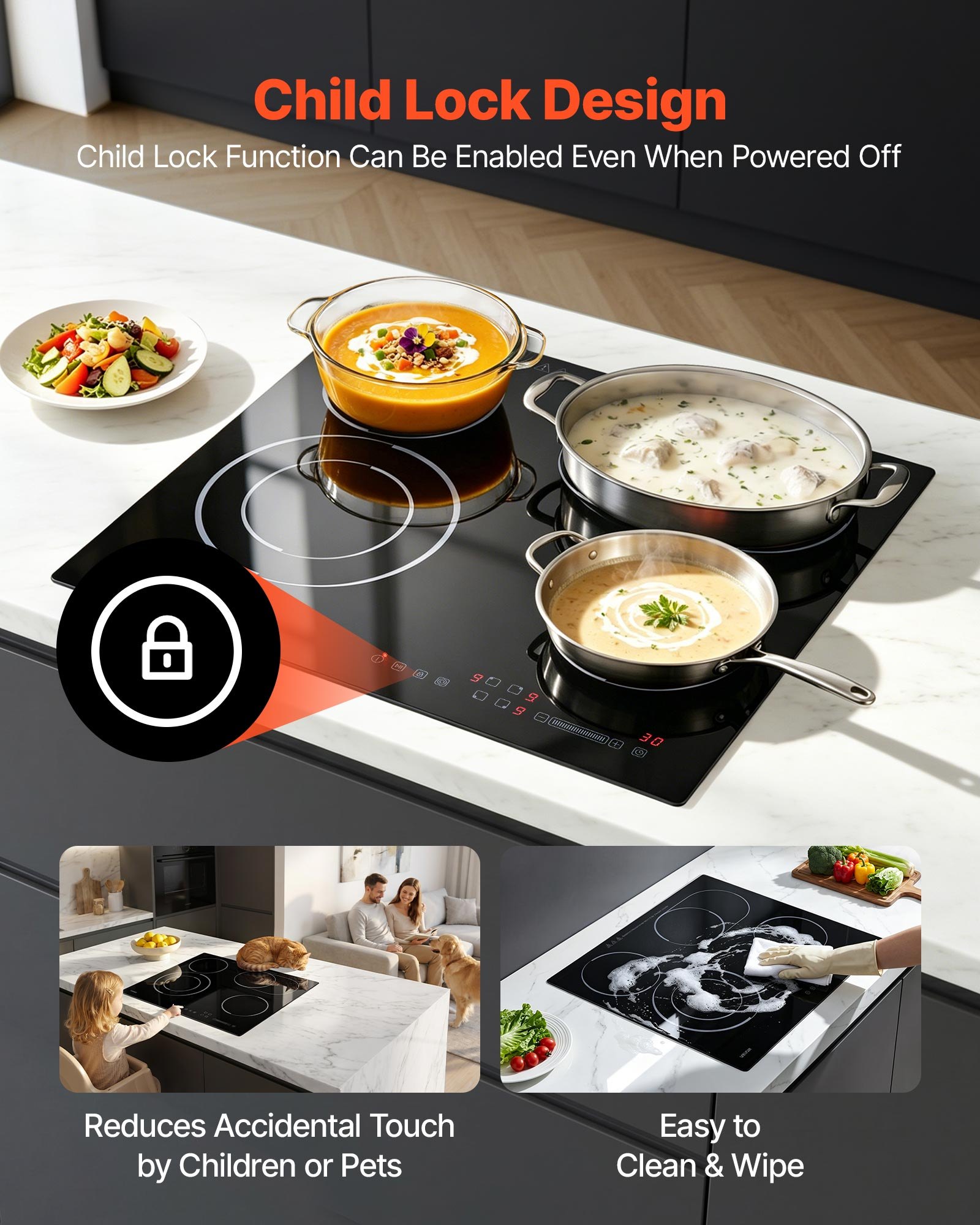 VEVOR Electric Cooktop 60cm 4 Burners Stove Top 6600W 220V No Plug, Ceramic Countertop/Built-in Radiant Electric Stove , with 9 Power Levels, Timer, Child Lock, Over-Heat Guard, Touch Control