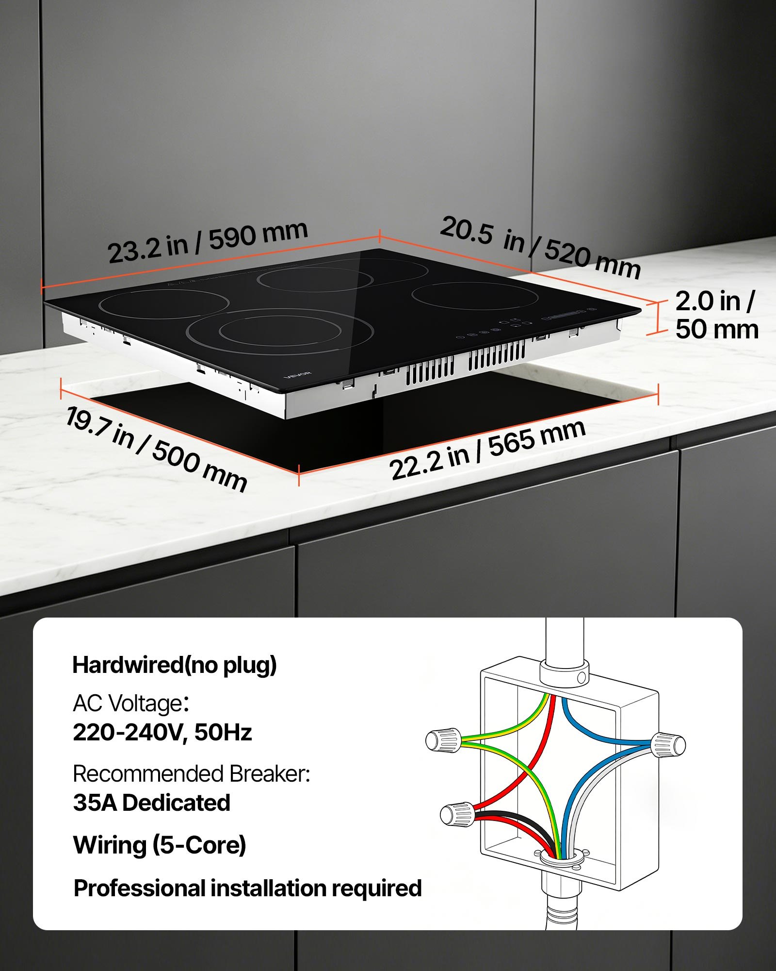 VEVOR Electric Cooktop 60cm 4 Burners Stove Top 6600W 220V No Plug, Ceramic Countertop/Built-in Radiant Electric Stove , with 9 Power Levels, Timer, Child Lock, Over-Heat Guard, Touch Control