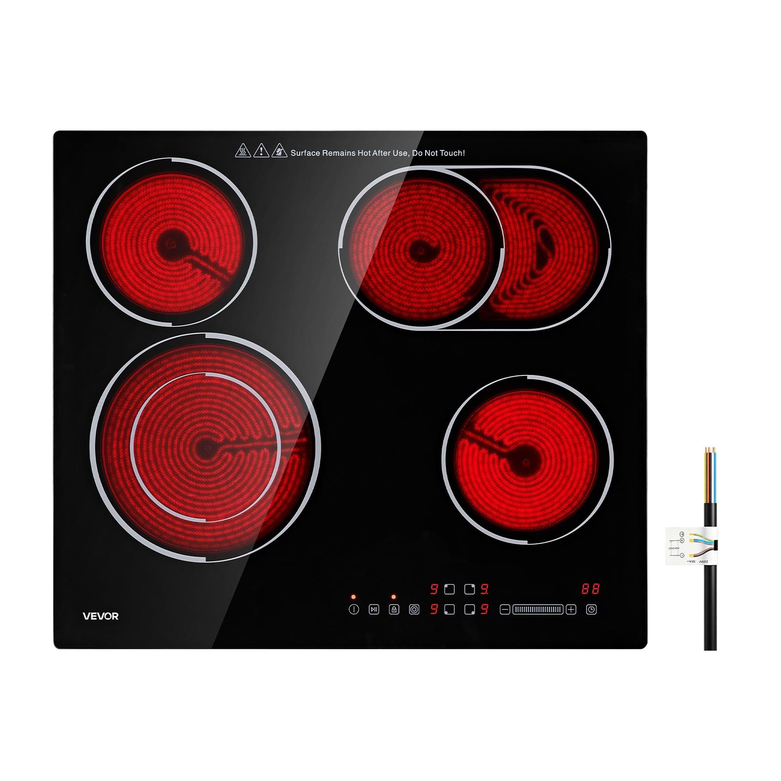 VEVOR Electric Cooktop 60cm 4 Burners Stove Top 6600W 220V No Plug, Ceramic Countertop/Built-in Radiant Electric Stove , with 9 Power Levels, Timer, Child Lock, Over-Heat Guard, Touch Control