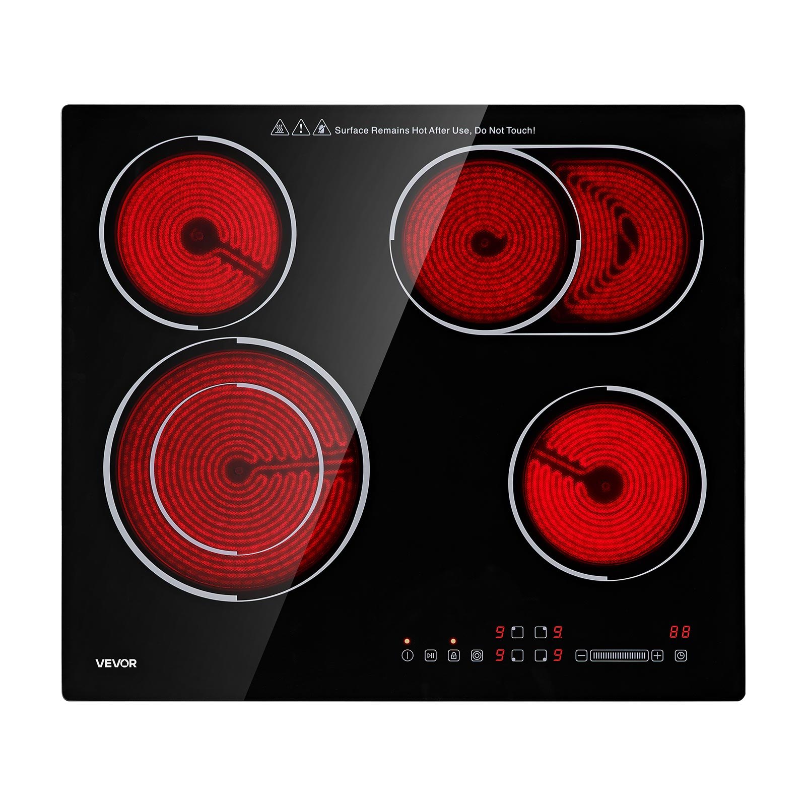 VEVOR Electric Cooktop 60cm 4 Burners Stove Top 6600W 220V No Plug, Ceramic Countertop/Built-in Radiant Electric Stove , with 9 Power Levels, Timer, Child Lock, Over-Heat Guard, Touch Control