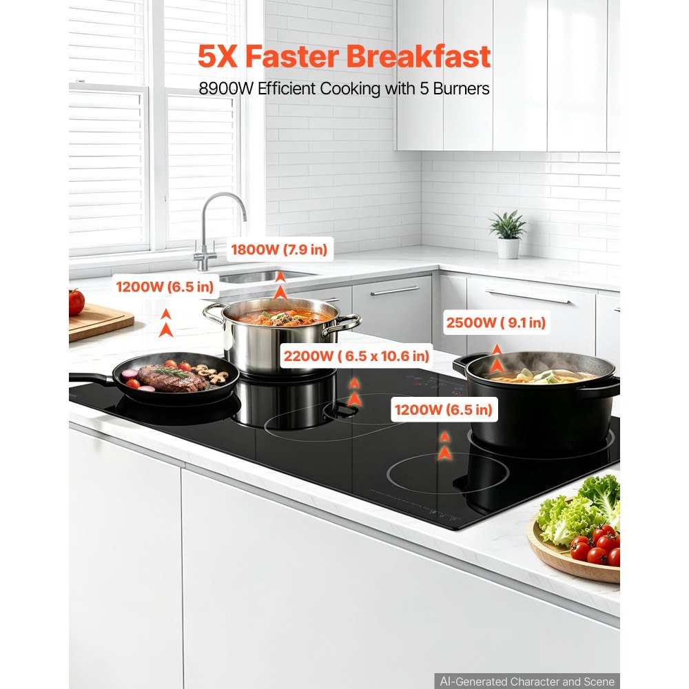 VEVOR Electric Cooktop 36inch 5 Burners Stove Top 8900W 220V No Plug, Ceramic Built-in Radiant Electric Stove , with 9 Power Levels, Timer, Child Lock, Over-Heat Guard, Touch Control