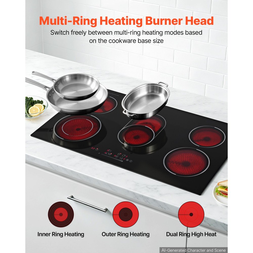 VEVOR Electric Cooktop 36inch 5 Burners Stove Top 8900W 220V No Plug, Ceramic Built-in Radiant Electric Stove , with 9 Power Levels, Timer, Child Lock, Over-Heat Guard, Touch Control