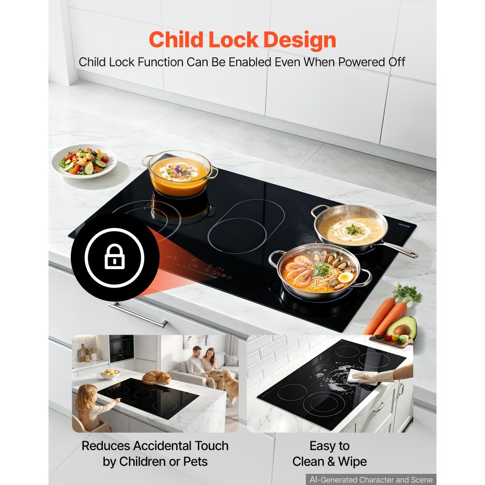VEVOR Electric Cooktop 36inch 5 Burners Stove Top 8900W 220V No Plug, Ceramic Built-in Radiant Electric Stove , with 9 Power Levels, Timer, Child Lock, Over-Heat Guard, Touch Control