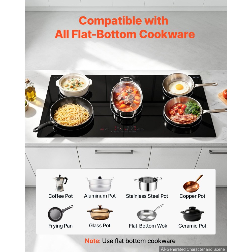 VEVOR Electric Cooktop 36inch 5 Burners Stove Top 8900W 220V No Plug, Ceramic Built-in Radiant Electric Stove , with 9 Power Levels, Timer, Child Lock, Over-Heat Guard, Touch Control