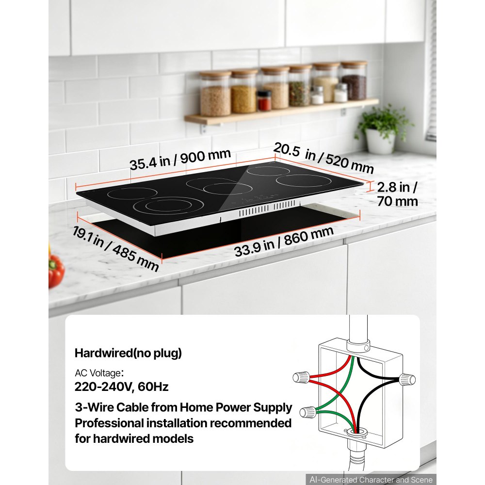 VEVOR Electric Cooktop 36inch 5 Burners Stove Top 8900W 220V No Plug, Ceramic Built-in Radiant Electric Stove , with 9 Power Levels, Timer, Child Lock, Over-Heat Guard, Touch Control