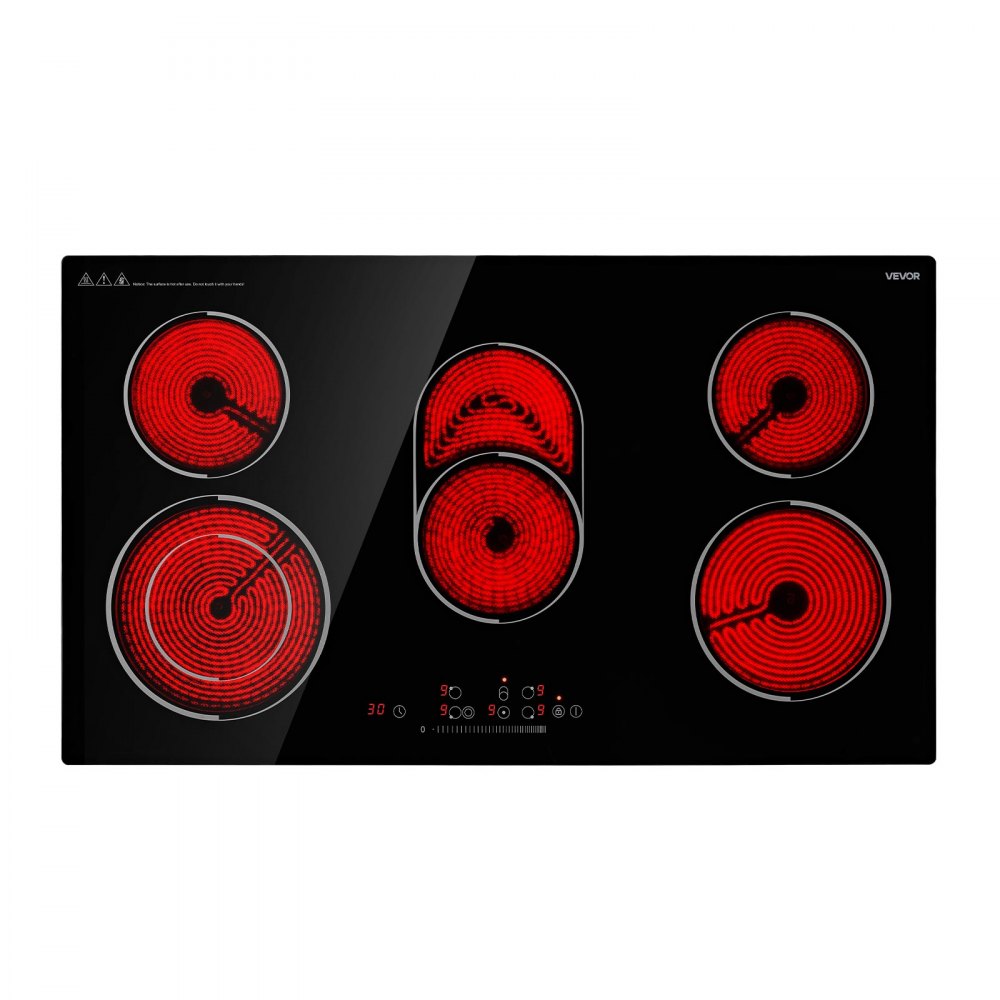VEVOR Electric Cooktop 36inch 5 Burners Stove Top 8900W 220V No Plug, Ceramic Built-in Radiant Electric Stove , with 9 Power Levels, Timer, Child Lock, Over-Heat Guard, Touch Control