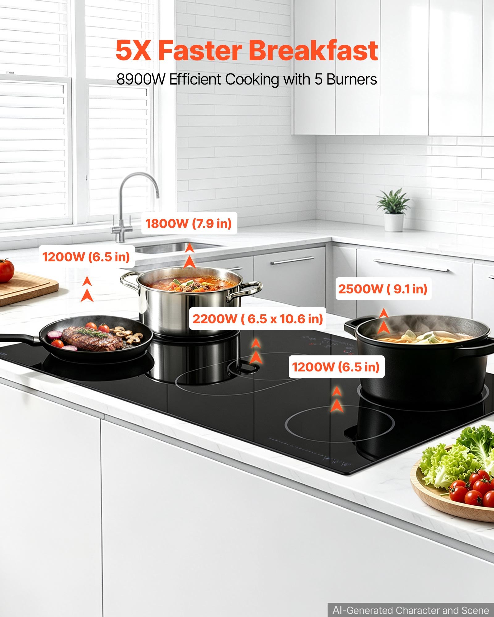 VEVOR Electric Cooktop 36inch 5 Burners Stove Top 8900W 220V No Plug, Ceramic Built-in Radiant Electric Stove , with 9 Power Levels, Timer, Child Lock, Over-Heat Guard, Touch Control