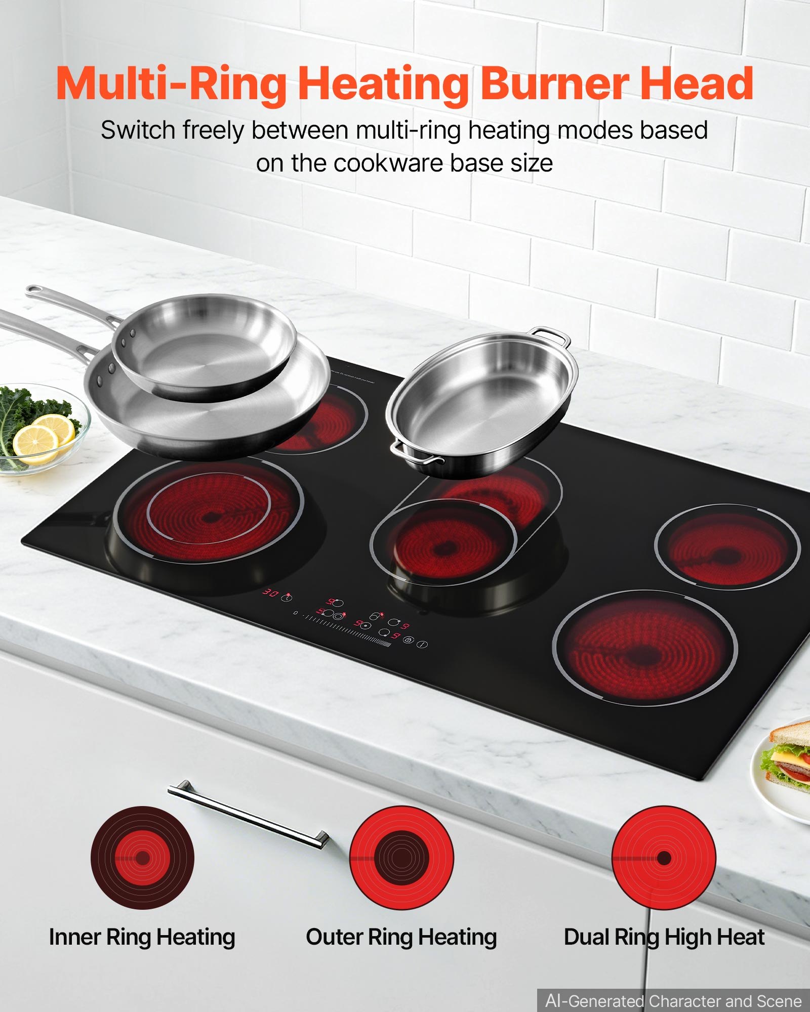 VEVOR Electric Cooktop 36inch 5 Burners Stove Top 8900W 220V No Plug, Ceramic Built-in Radiant Electric Stove , with 9 Power Levels, Timer, Child Lock, Over-Heat Guard, Touch Control