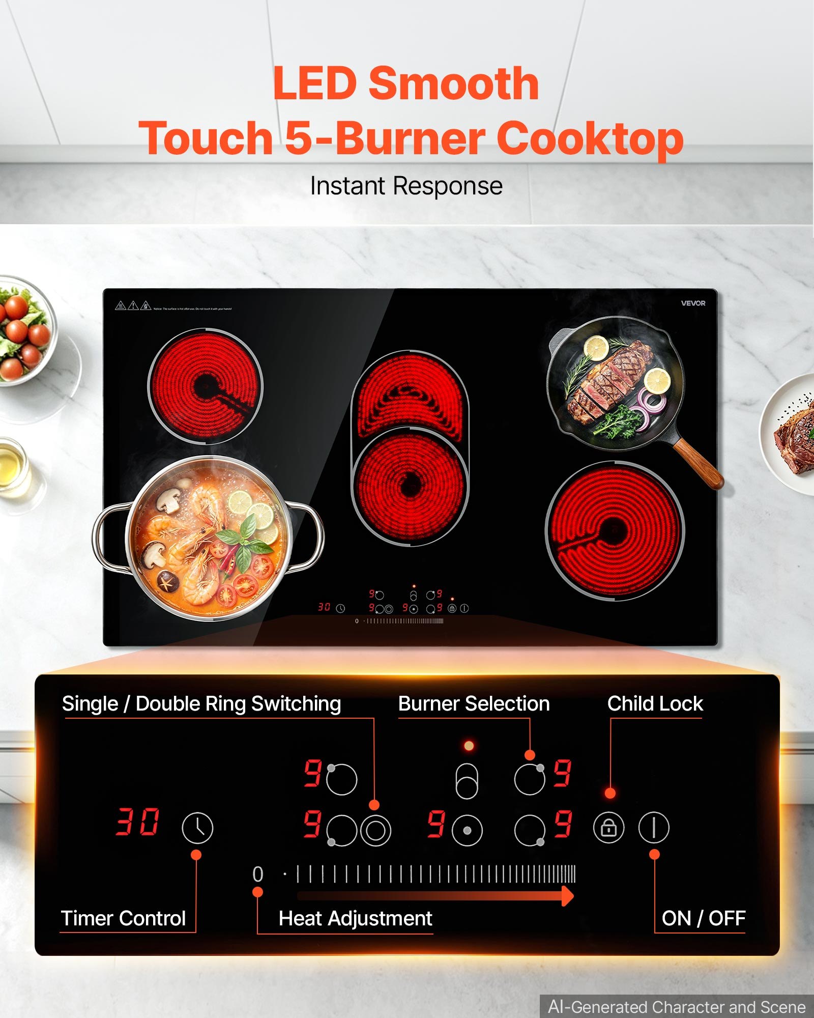 VEVOR Electric Cooktop 36inch 5 Burners Stove Top 8900W 220V No Plug, Ceramic Built-in Radiant Electric Stove , with 9 Power Levels, Timer, Child Lock, Over-Heat Guard, Touch Control