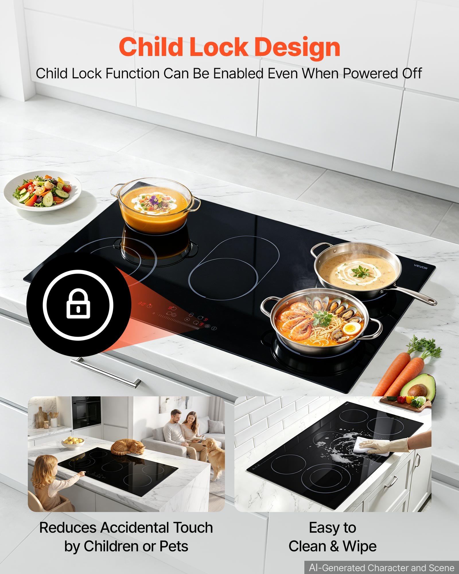 VEVOR Electric Cooktop 36inch 5 Burners Stove Top 8900W 220V No Plug, Ceramic Built-in Radiant Electric Stove , with 9 Power Levels, Timer, Child Lock, Over-Heat Guard, Touch Control