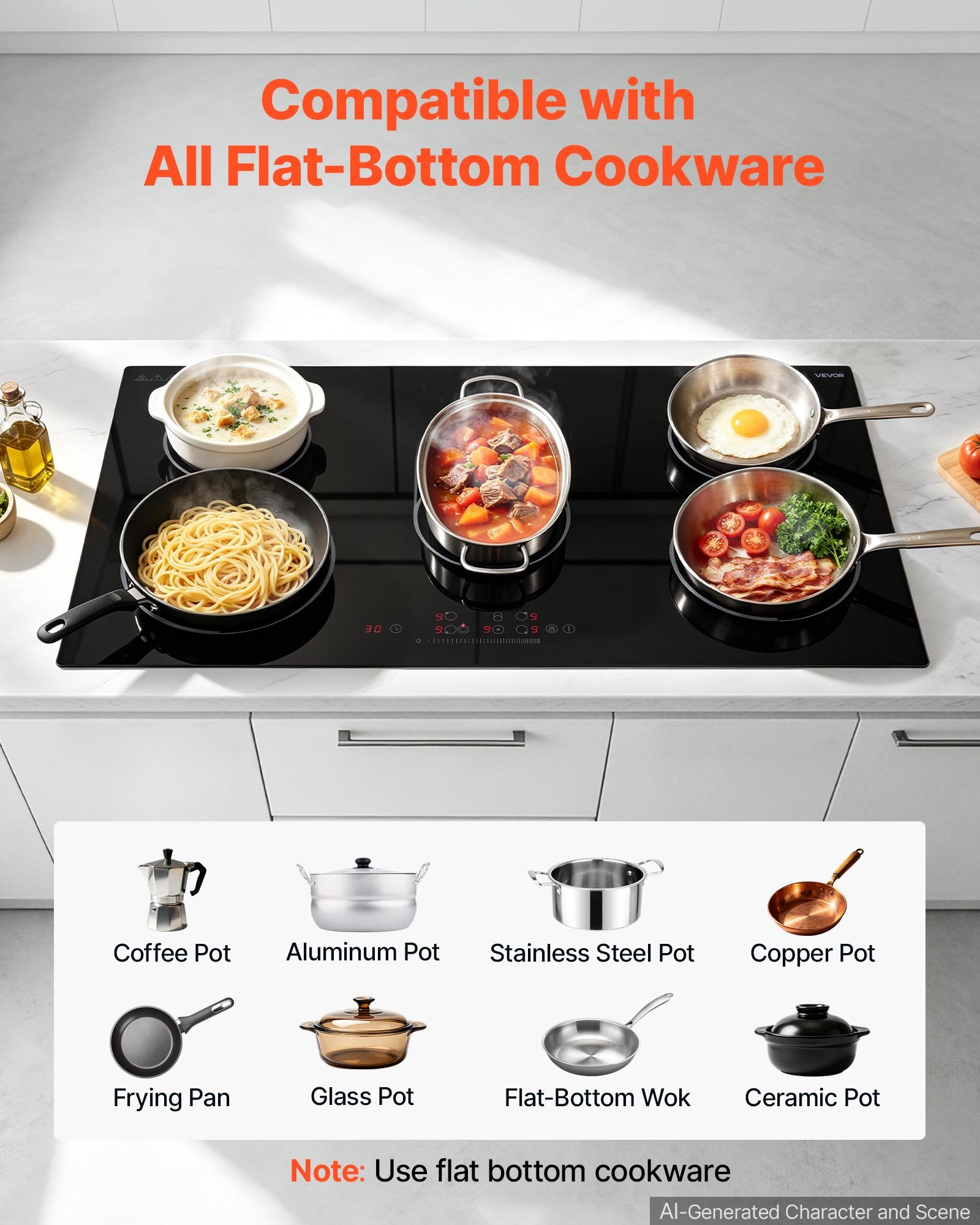 VEVOR Electric Cooktop 36inch 5 Burners Stove Top 8900W 220V No Plug, Ceramic Built-in Radiant Electric Stove , with 9 Power Levels, Timer, Child Lock, Over-Heat Guard, Touch Control