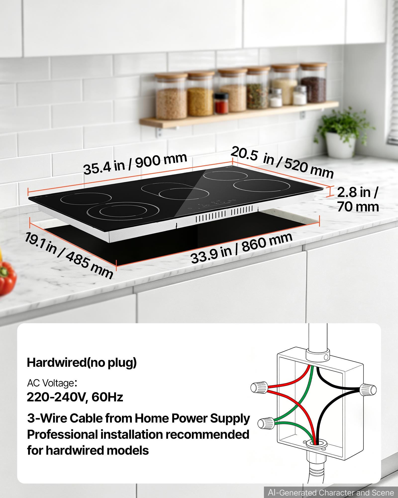 VEVOR Electric Cooktop 36inch 5 Burners Stove Top 8900W 220V No Plug, Ceramic Built-in Radiant Electric Stove , with 9 Power Levels, Timer, Child Lock, Over-Heat Guard, Touch Control