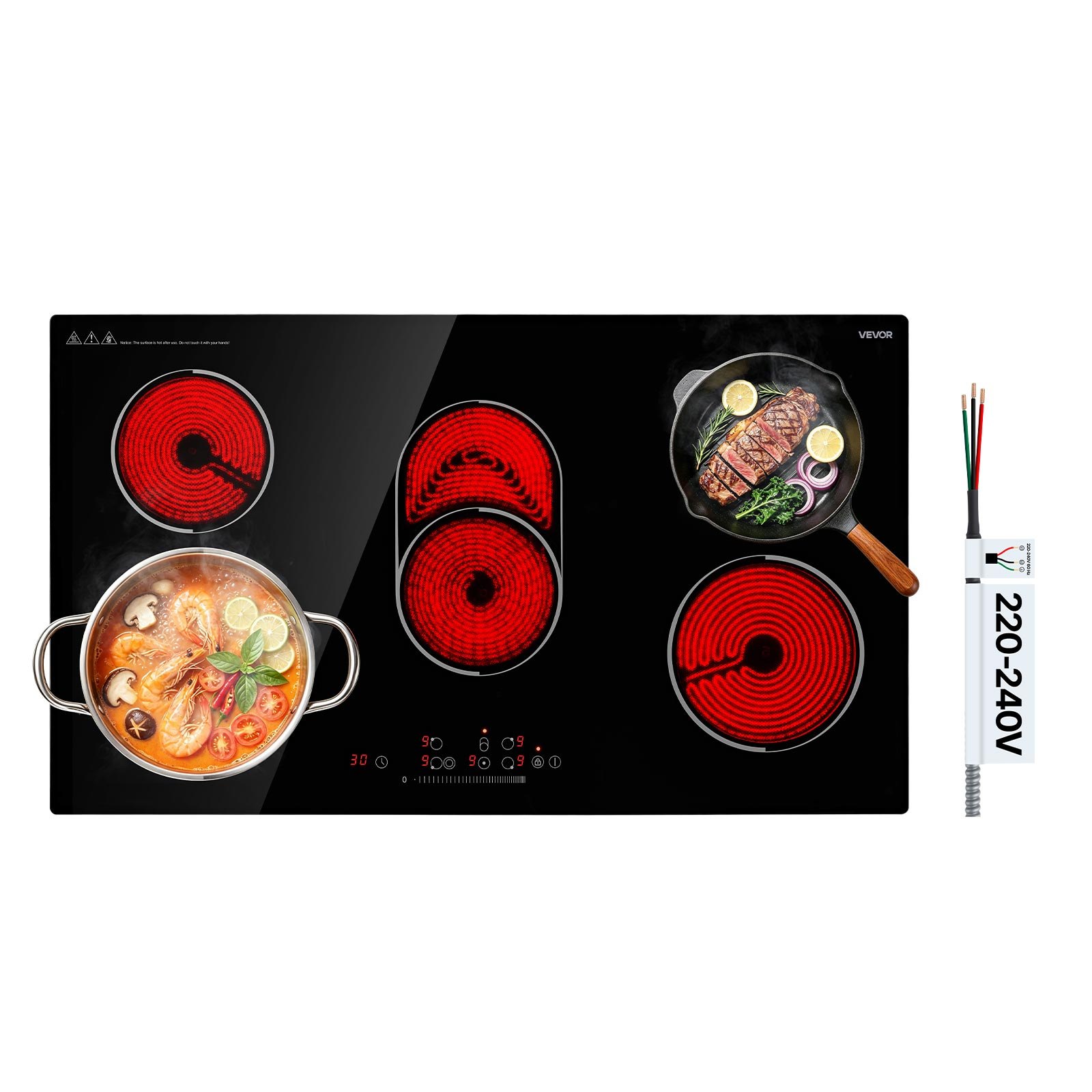 VEVOR Electric Cooktop 36inch 5 Burners Stove Top 8900W 220V No Plug, Ceramic Built-in Radiant Electric Stove , with 9 Power Levels, Timer, Child Lock, Over-Heat Guard, Touch Control