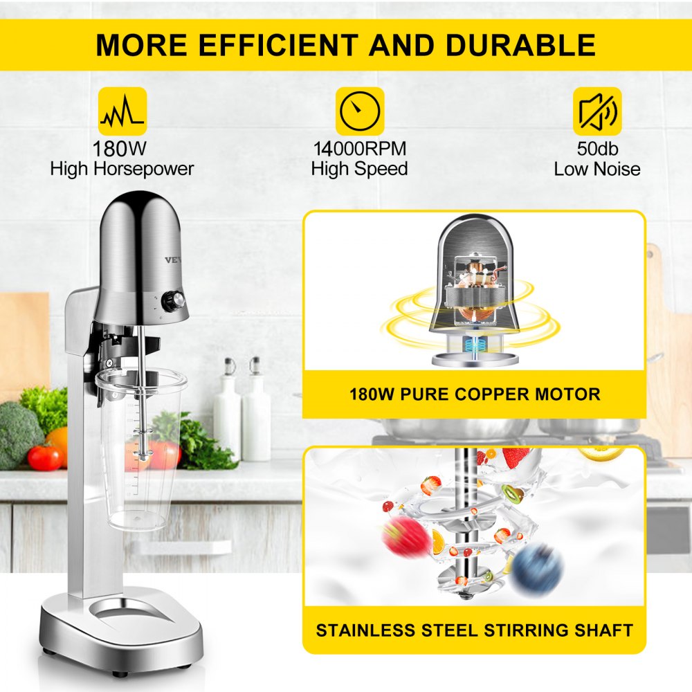 VEVOR Milkshake Maker, Single-Head Milkshake Machine, 280W Milkshake Mixer, Malt Maker with 800ml Cups (Stainless Steel/PC), 2-Speed Electric Milk Shake Machine, 18000RPM Drink Mixer, Stainless Steel