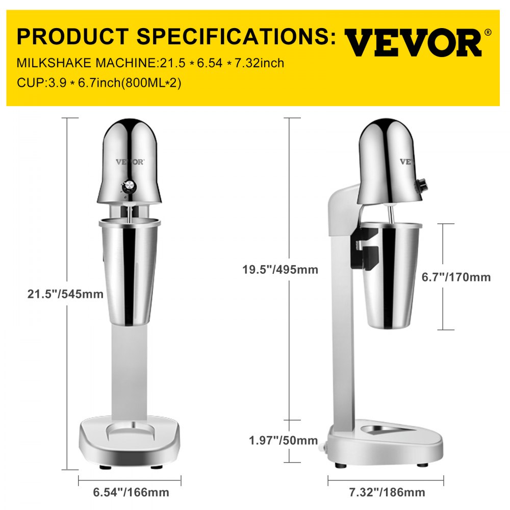 VEVOR Milkshake Maker, Single-Head Milkshake Machine, 280W Milkshake Mixer, Malt Maker with 800ml Cups (Stainless Steel/PC), 2-Speed Electric Milk Shake Machine, 18000RPM Drink Mixer, Stainless Steel