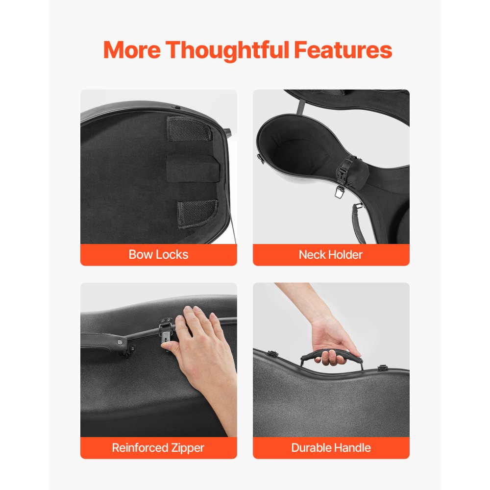 VEVOR 4/4 Full Size Cello Case, Composite Carbon Fiber, Lightweight Portable Travel Carrying Bag, with Plush Lining, Dual Shoulder Straps, Anti-Scratch, Professional Cello-Shape, for Cello, Black
