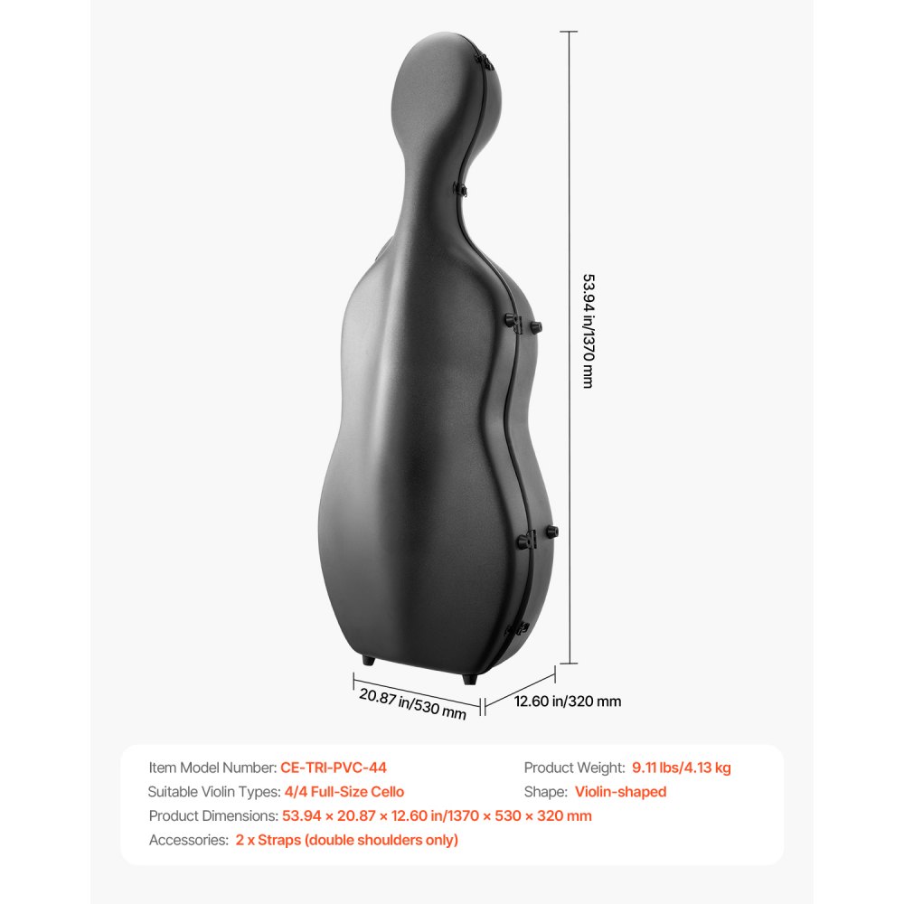 VEVOR 4/4 Full Size Cello Case, Composite Carbon Fiber, Lightweight Portable Travel Carrying Bag, with Plush Lining, Dual Shoulder Straps, Anti-Scratch, Professional Cello-Shape, for Cello, Black