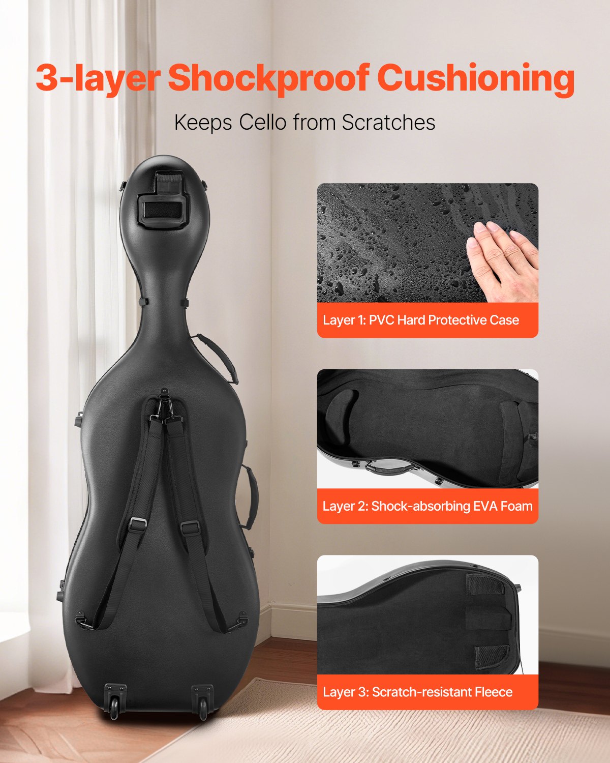 VEVOR 4/4 Full Size Cello Case, Composite Carbon Fiber, Lightweight Portable Travel Carrying Bag, with Plush Lining, Dual Shoulder Straps, Anti-Scratch, Professional Cello-Shape, for Cello, Black