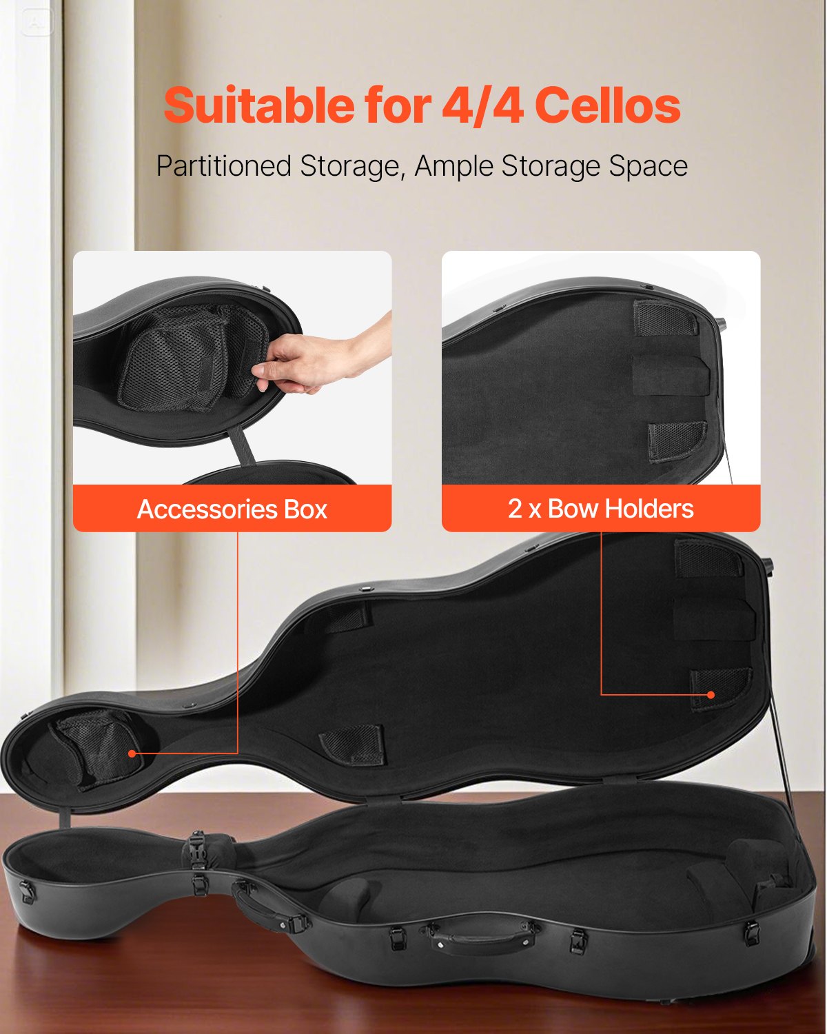 VEVOR 4/4 Full Size Cello Case, Composite Carbon Fiber, Lightweight Portable Travel Carrying Bag, with Plush Lining, Dual Shoulder Straps, Anti-Scratch, Professional Cello-Shape, for Cello, Black