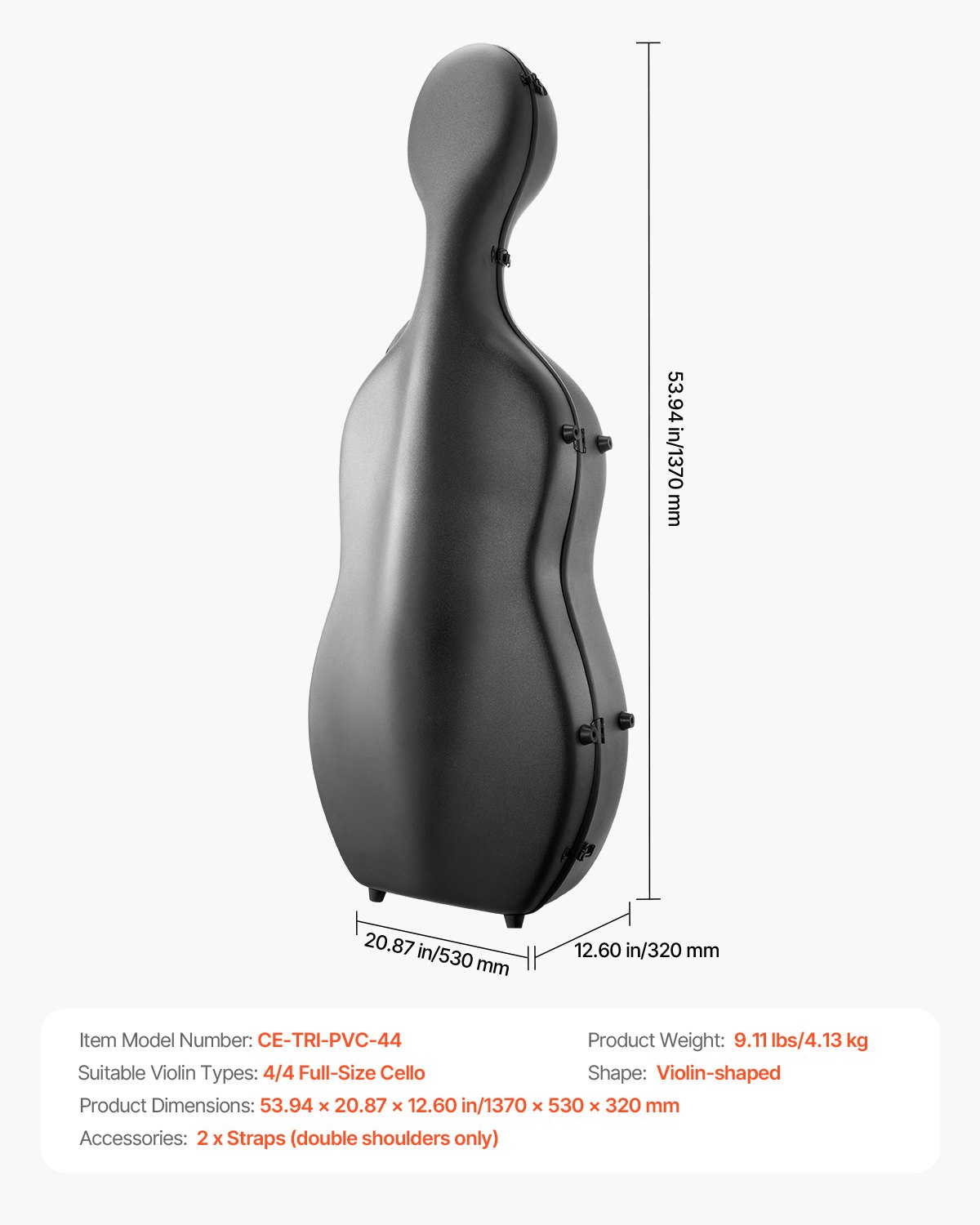 VEVOR 4/4 Full Size Cello Case, Composite Carbon Fiber, Lightweight Portable Travel Carrying Bag, with Plush Lining, Dual Shoulder Straps, Anti-Scratch, Professional Cello-Shape, for Cello, Black